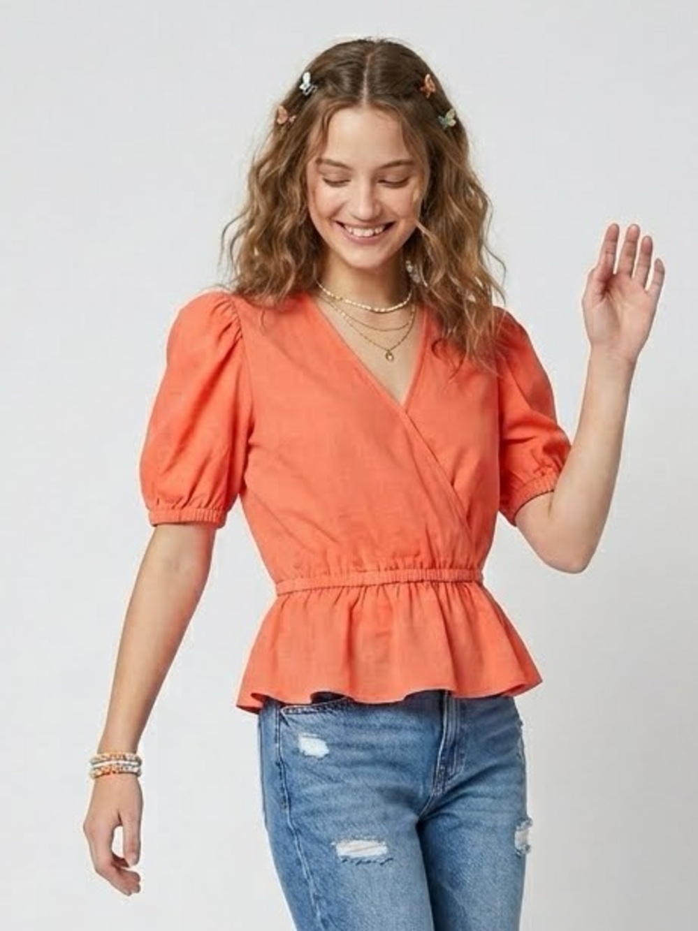 Abound Coral Orange Puff Sleeve Faux Wrap Ruffle Hem Blouse Top NWT XS